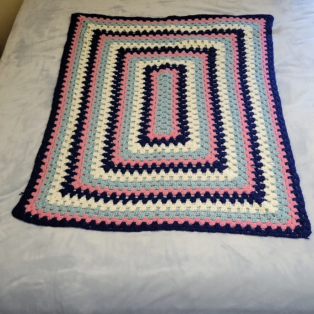 Handmade Crochet Blanket in Pink, Blue, Sage, and Cream, 49